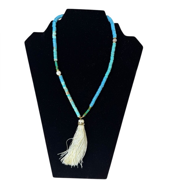 Anthropologie Jewelry - Serefina Anthropologie Silk Tassel Shades of Turquoise Gemstone Necklace